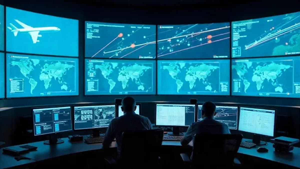 شاشات مراقبة حركة الطيران تعرض مسارات متقاطعة لطائرات متعددة تُدار بتقنيات الذكاء الاصطناعي