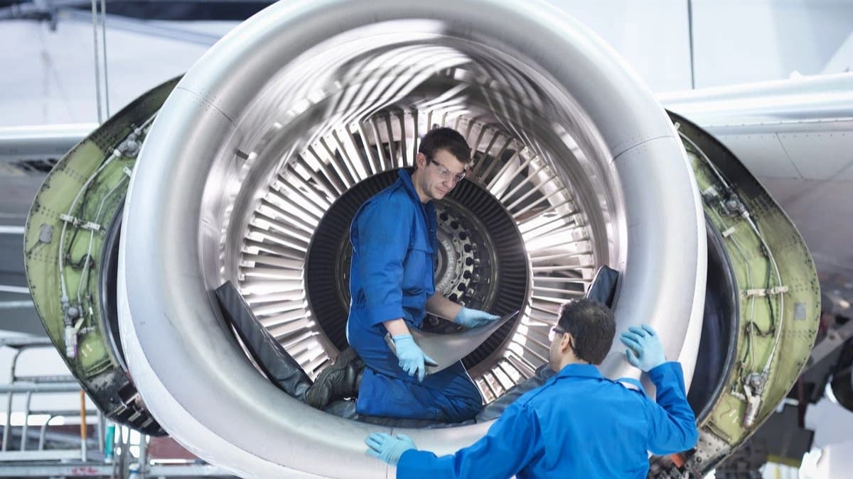 مهندسون يقومون بتفكيك طائرة داخل حظيرة صيانة خلال الفحص الثقيل (D-Check)