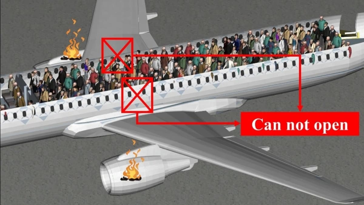 تصور لنموذج المقصورة الذي استخدمها لمحاكاة سيناريوهات الأجسام، أثناء عمليات إجلاء الركاب من الطائرات في حالات الطوارئ