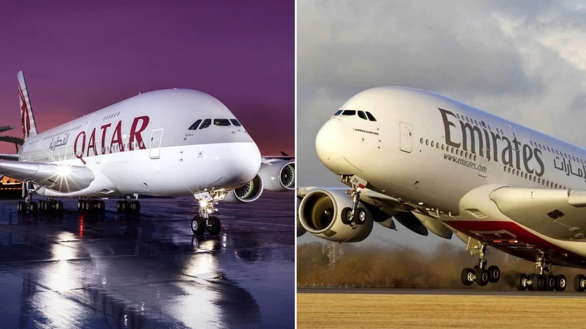 صورة تعبيرية - طائرتين من طراز إيرباص إيه 380 تتبعان الخطوط القطرية وطيران الإمارات 