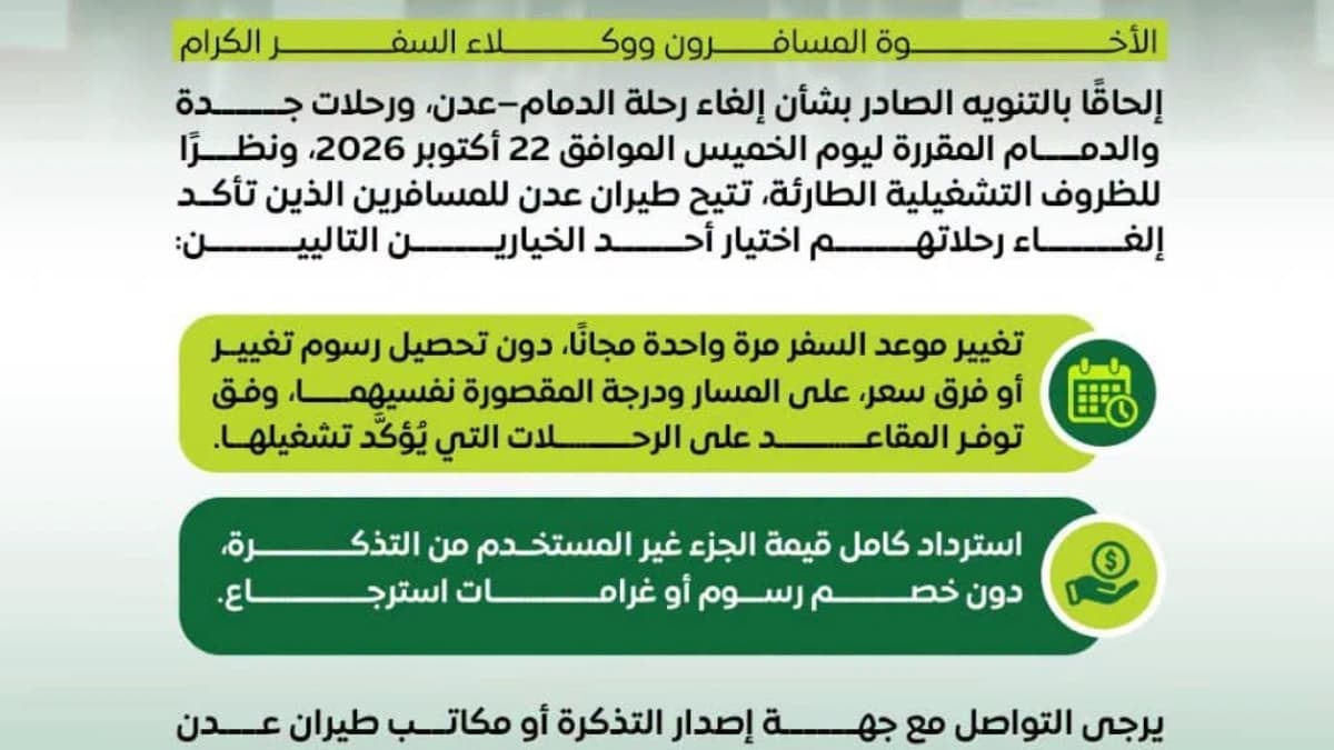 قدمت شركة طيران عدن تسهيلات بشأن الرحلات الملغاة